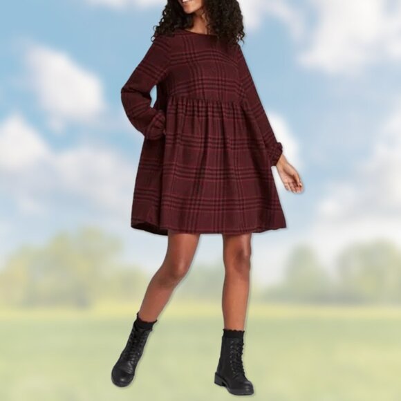 wild fable Dresses & Skirts - NWT Burgundy & Black Plaid Flannel Baby Doll Dress - Womens Juniors Size XS